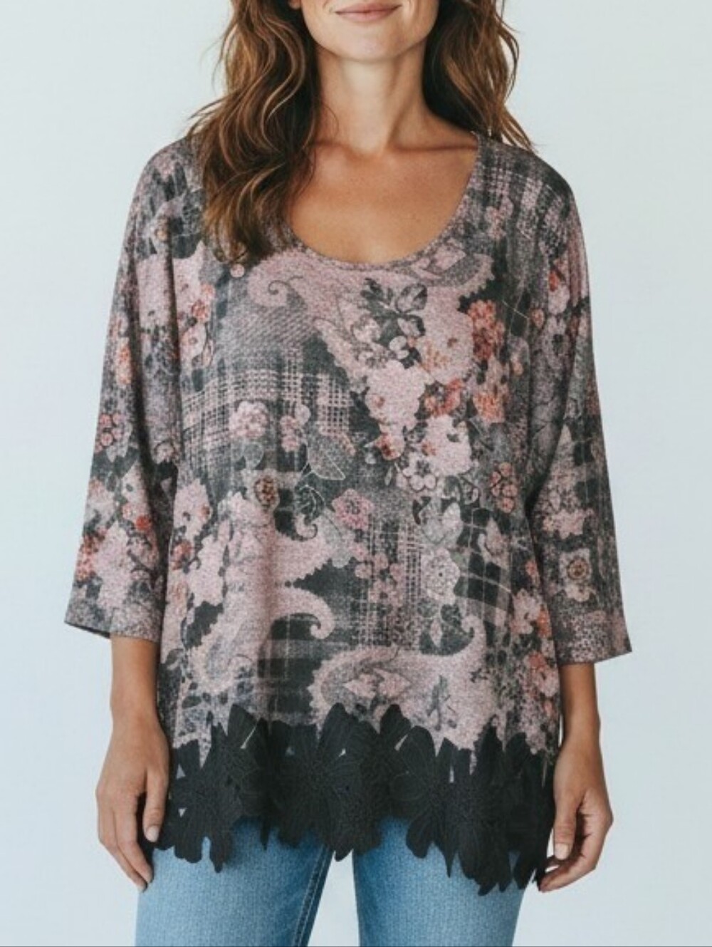 Fresh FX Floral Plaid Paisley Patchwork Tunic Top Black 3D Floral Appliqué Boho